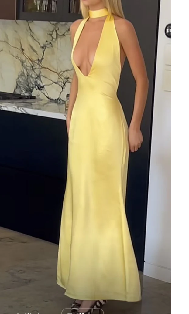 Yellow Deep V Neck Backless Sheath Long Party Dress Sexy Evening Dress Formal Dress