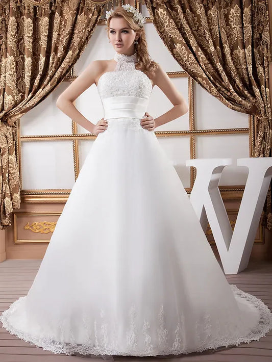 A-Line Wedding Dresses High Neck Court Train Lace Satin Tulle Regular Straps with Ruched Beading Appliques