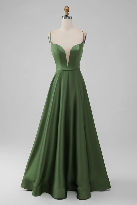 A-line Green Satin V Neck Long Bridesmaid Dress