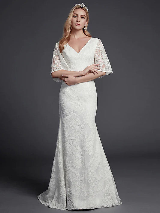 Wedding Dresses V Neck Lace Half Sleeve Beautiful Back with Lace