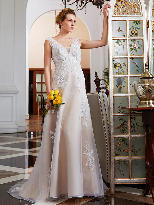 A-Line Wedding Dresses V Neck Court Train Lace Tulle Regular Straps Romantic Illusion Detail with Beading Appliques