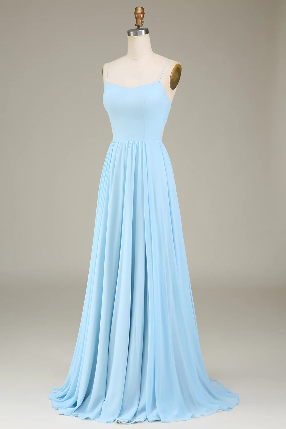 A-Line Pleated Spaghetti Straps Sky Blue Chiffon Long Bridesmaid Dress