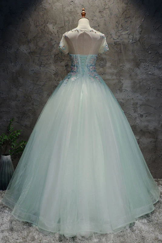 Ball Gown Prom Dresses Floral Dress Quinceanera Unique Light Green Tulle Lace Long Prom Dress Sweet 16 Dress