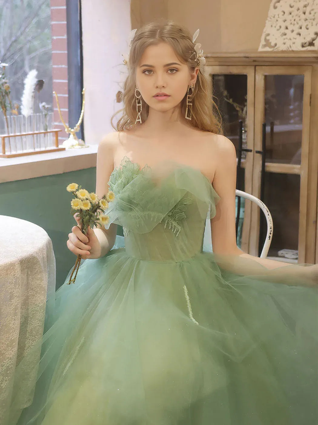 Quinceanera Dresses Princess Cute Prom Dress Tulle Green Sweetheart Strapless Tea Length Tulle Prom Dresses Short Green Sweet 16 Dress
