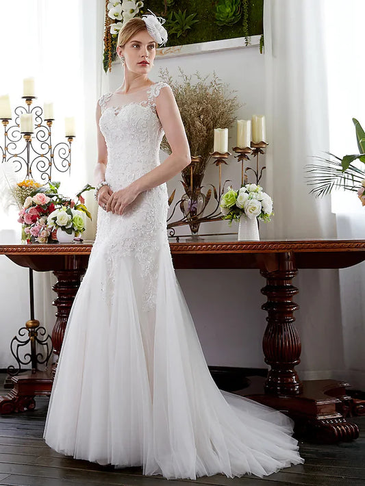 Wedding Dresses Illusion Neck Court Train Tulle Sleeveless Sparkle & Shine with Beading Appliques