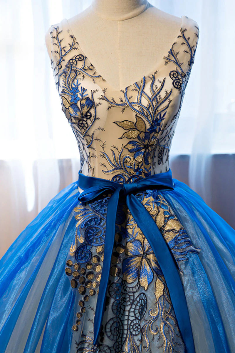 Ball Gown Quinceanera Dresses Princess Dress Unique V Neck Blue Embroidery Long Prom Dress Sweet 16 Dress