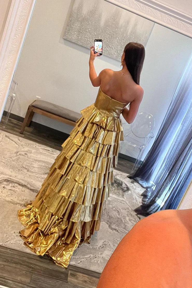 A Line Strapless Gold Ruffle Tiered Satin Long Prom Dress