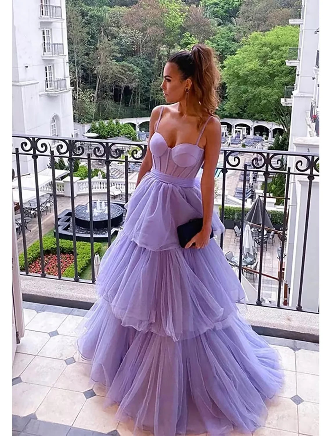 Ball Gown Prom Dresses Tiered Dress Formal Floor Length Sleeveless Sweetheart Tulle Layers Backless with Pleats Ruched