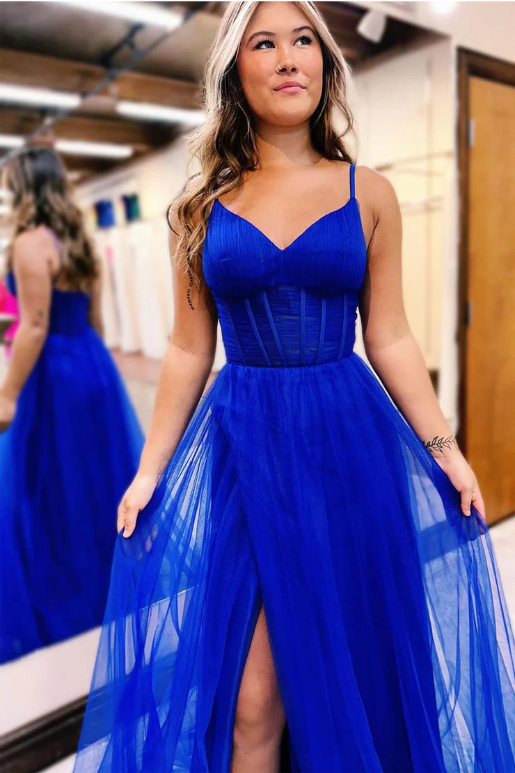A Line Spaghetti Straps Sweetheart Pink Tulle Prom Dress with Slit