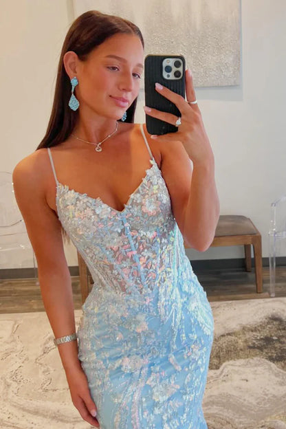 Mermaid Spaghetti Straps V Neck Lace Sequins Long Prom Dresses with Slit