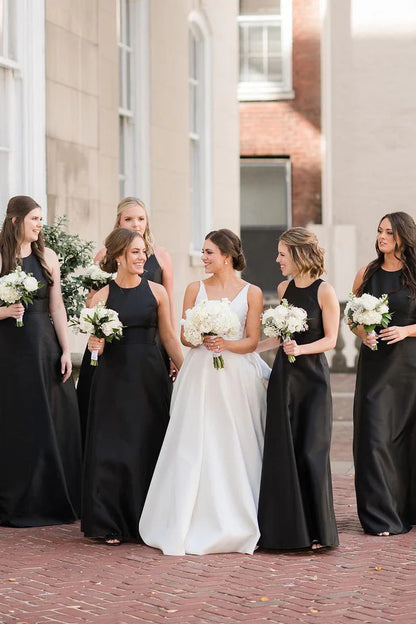 A-Line Floor Length Round Neck Black Satin Long Bridesmaid Dresses