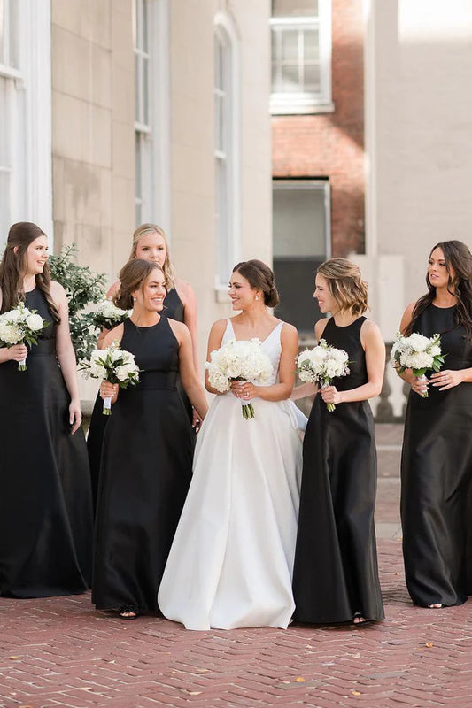 A-Line Floor Length Round Neck Black Satin Long Bridesmaid Dresses