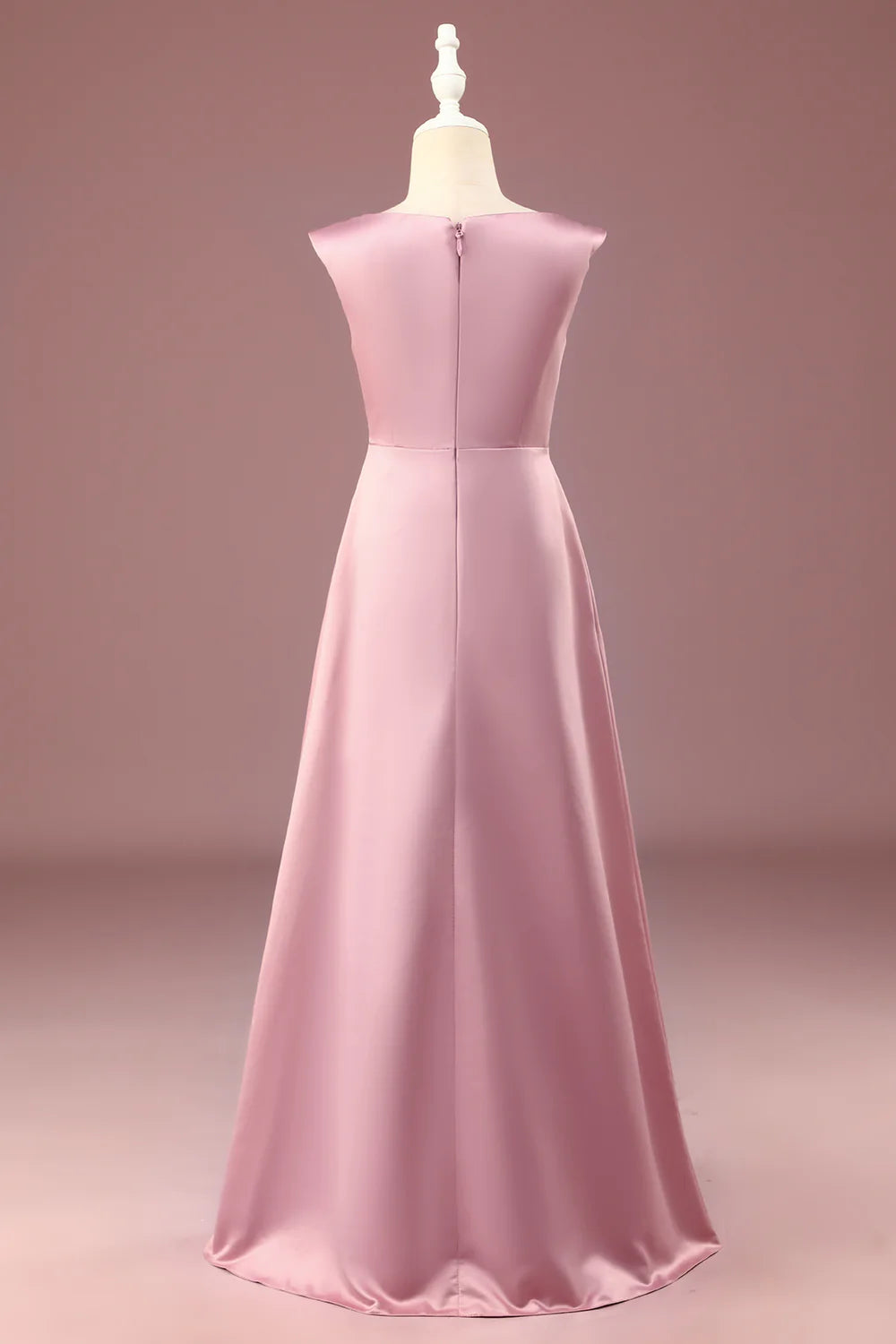 A-line Satin Pleated V-neck Long Junior Bridesmaid Dress