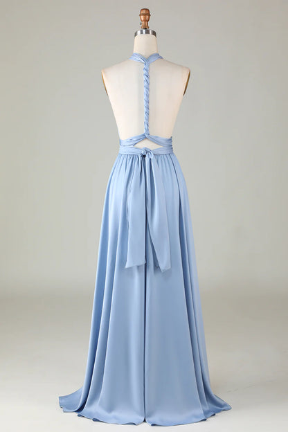 A Line Satin Pleated Multiple Dressing Methods Bridesmaid Dress with Slit