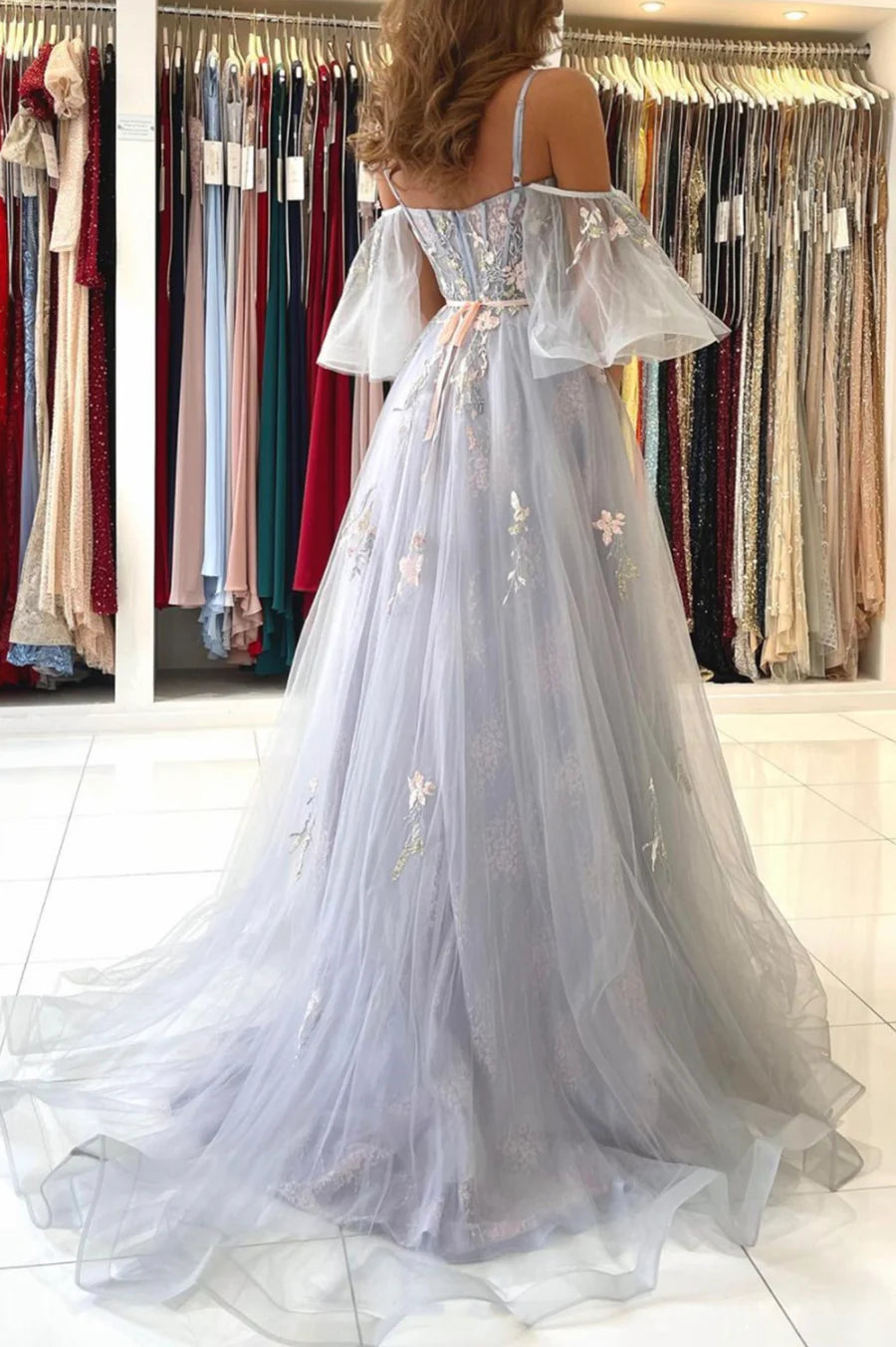 A-Line Off the Shoulder Gray Spaghetti Strap Party Dresses Long Prom Dresses With Appliques