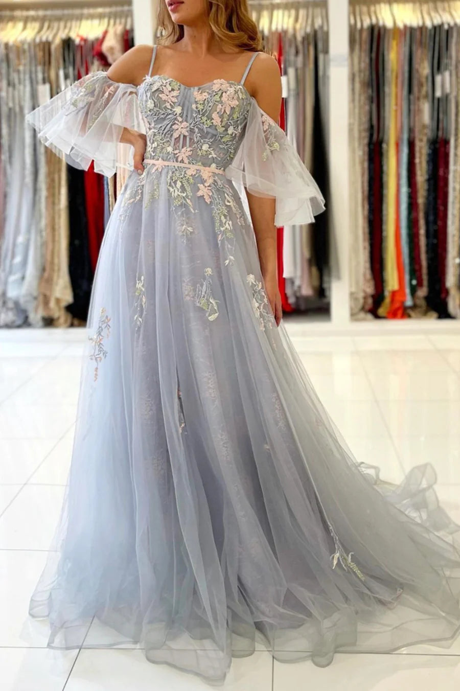 A-Line Off the Shoulder Gray Spaghetti Strap Party Dresses Long Prom Dresses With Appliques