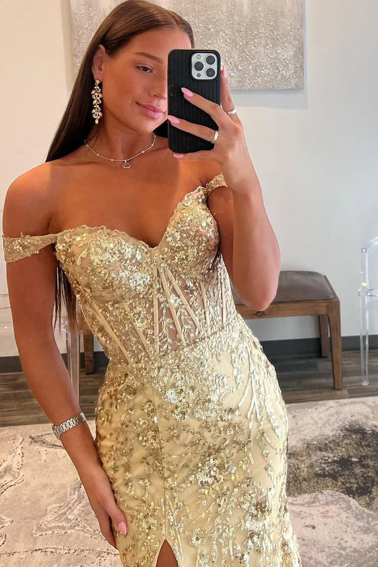 Mermaid Sweetheart Gold Sequins Long Prom Dresses with Slit