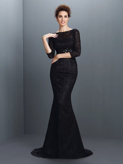 Trumpet/Mermaid Bateau Lace 3/4 Sleeves Long Elastic Woven Satin Mother of the Bride Dresses