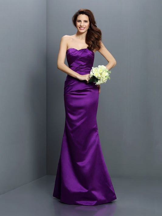 Trumpet/Mermaid Strapless Pleats Sleeveless Long Satin Bridesmaid Dresses