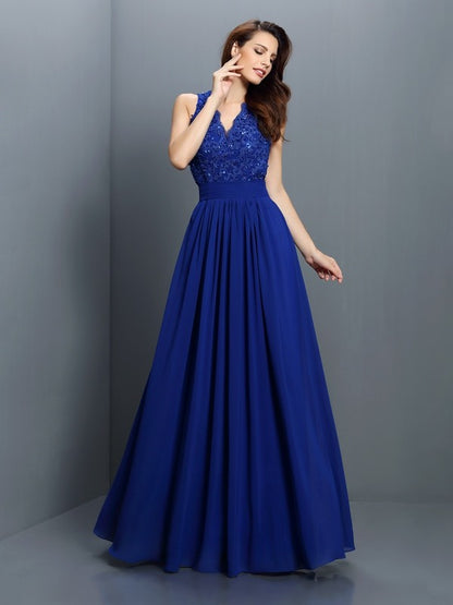 A-Line/Princess V-neck Applique Sleeveless Long Chiffon Bridesmaid Dresses