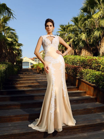 Sheath/Column High Neck Applique Sleeveless Long Chiffon Party Dresses Formal Dresses