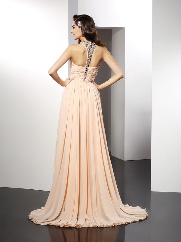 A-Line/Princess Jewel Ruffles Sleeveless Long Chiffon Dresses