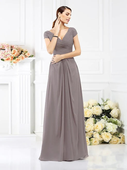 A-Line/Princess V-neck Pleats Short Sleeves Long Chiffon Bridesmaid Dresses Party Dresses Wedding Guest Dresses