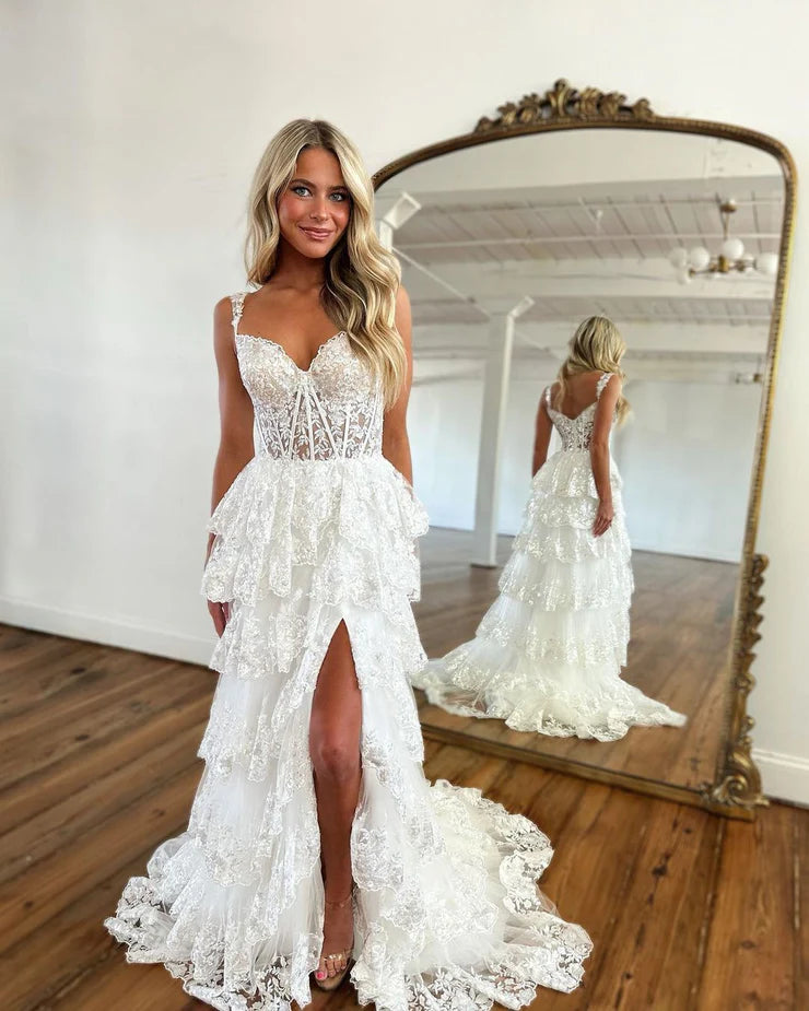 A Line Off the Shoulder Light Blue Sequins Lace Layers Long Prom Dresses with Slit