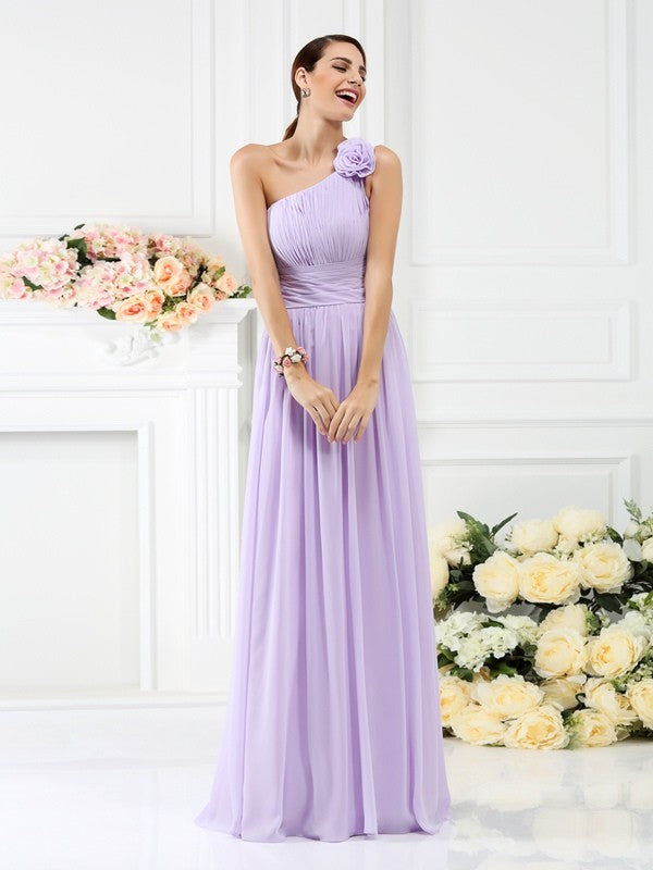 A-Line/Princess One-Shoulder Pleats Hand-Made Flower Sleeveless Long Chiffon Bridesmaid Dresses