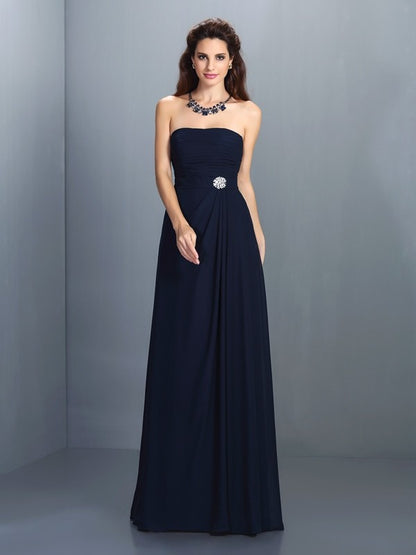 A-Line/Princess Strapless Rhinestone Sleeveless Long Chiffon Bridesmaid Dresses