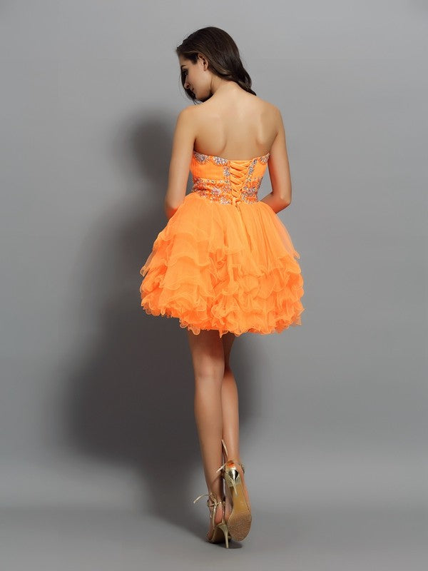 A-Line/Princess Sweetheart Ruffles Sleeveless Short Satin Cocktail Dresses