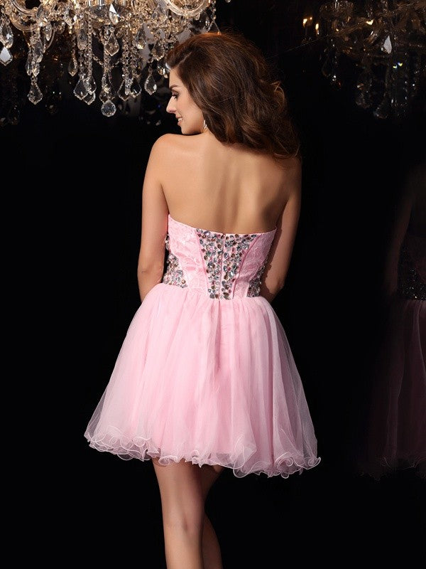 A-Line/Princess Sweetheart Ruffles Sleeveless Short Elastic Woven Satin Cocktail Dresses