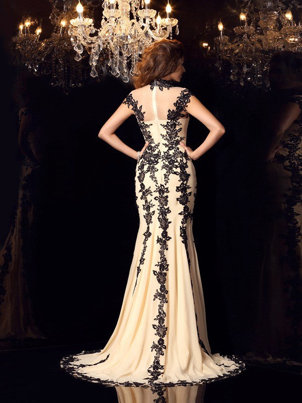 Trumpet/Mermaid High Neck Applique Sleeveless Long Chiffon Party Dresses Formal Dresses