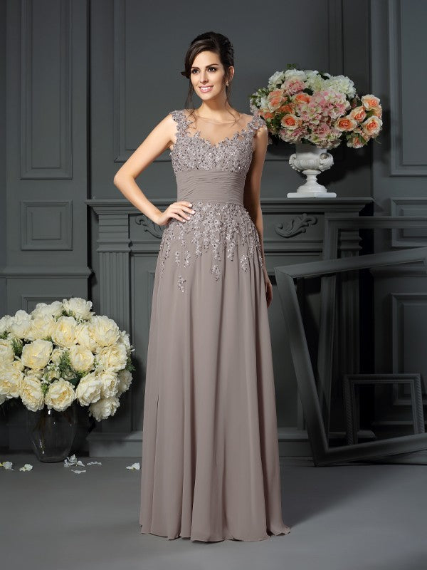 A-Line/Princess Scoop Beading Sleeveless Long Chiffon Mother of the Bride Dresses