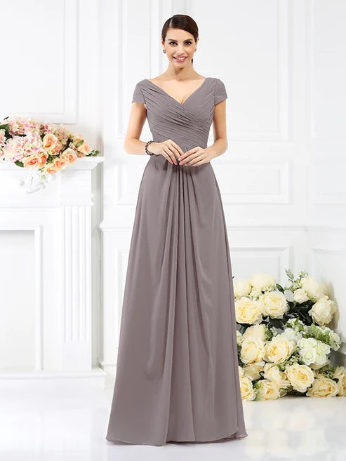 A-Line/Princess V-neck Pleats Short Sleeves Long Chiffon Bridesmaid Dresses Party Dresses Wedding Guest Dresses