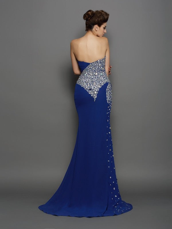Trumpet/Mermaid Sweetheart Rhinestone Sleeveless Long Chiffon Party Dresses Formal Dresses