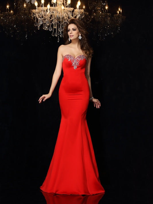 Sheath/Column Sweetheart Beading Sleeveless Long Satin Party Dresses Formal Dresses