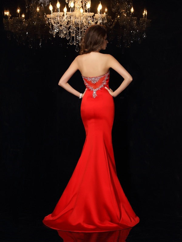 Sheath/Column Sweetheart Beading Sleeveless Long Satin Party Dresses Formal Dresses
