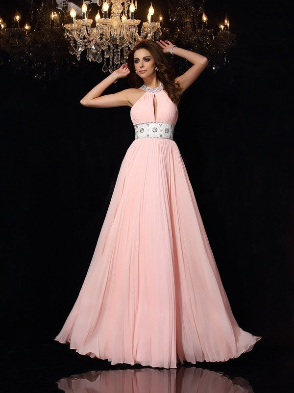 A-Line/Princess High Neck Pleats Sleeveless Long Chiffon Party Dresses Formal Dresses