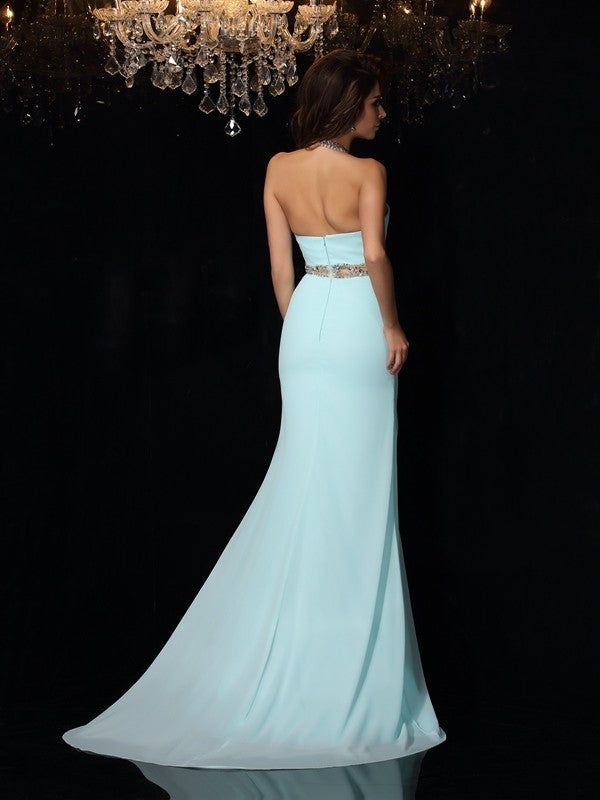 Sheath/Column High Neck Beading Sleeveless Long Chiffon Party Dresses Formal Dresses