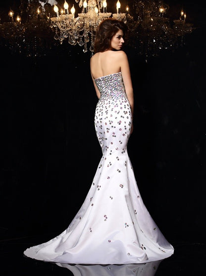 Trumpet/Mermaid Sweetheart Rhinestone Sleeveless Long Satin Dresses