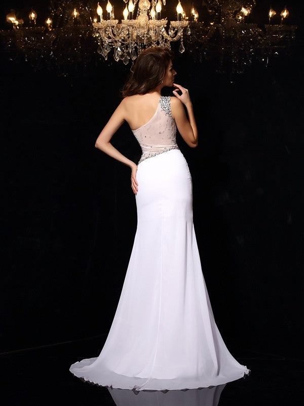 Sheath/Column One-Shoulder Beading Sleeveless Long Chiffon Party Dresses Formal Dresses
