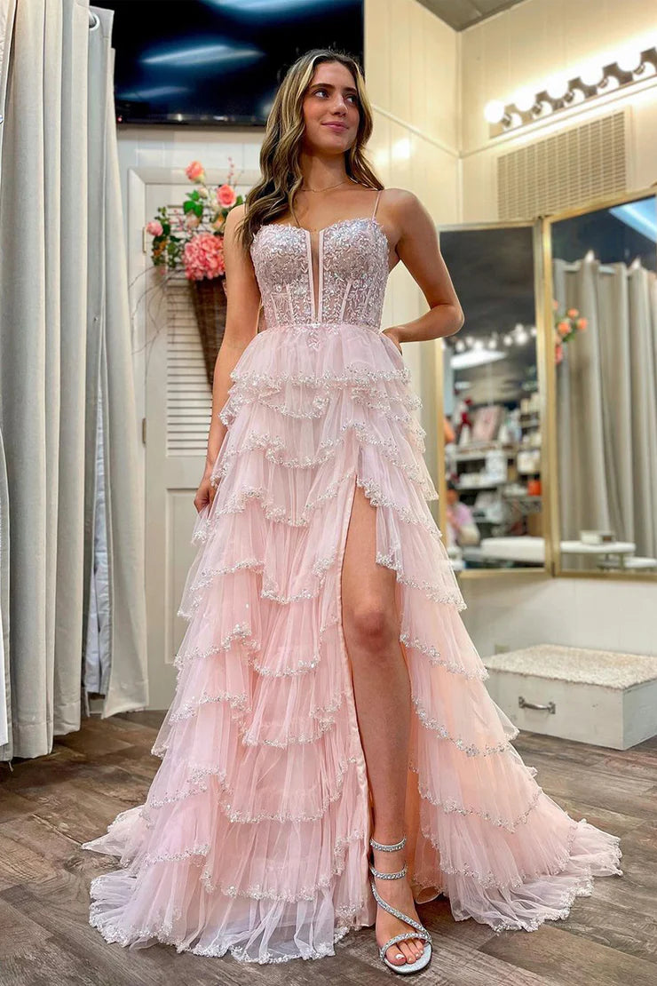 A Line Princess Sweetheart Tulle Tiered Long Prom Dresses with Beading