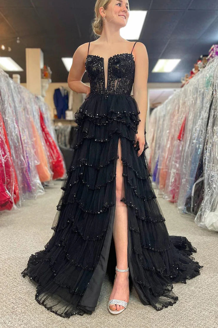A Line Spaghetti Straps V Neck Black Tulle Tiered Prom Dress with Beading