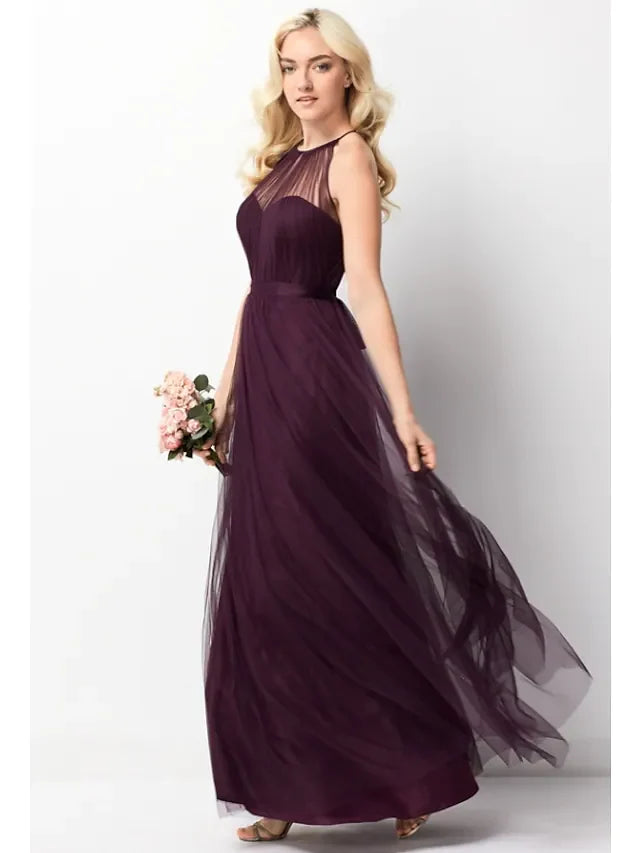 A-Line Halter Neck Floor Length Chiffon Tulle Bridesmaid Dress