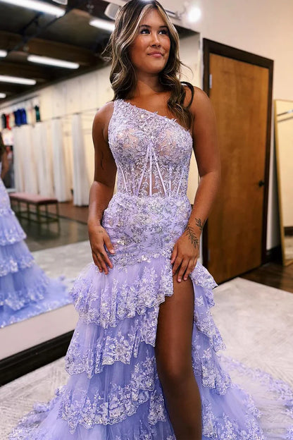 A Line Glittering Sparkle One Shoulder Lavender Lace Layers Long Prom Dresses with Slit