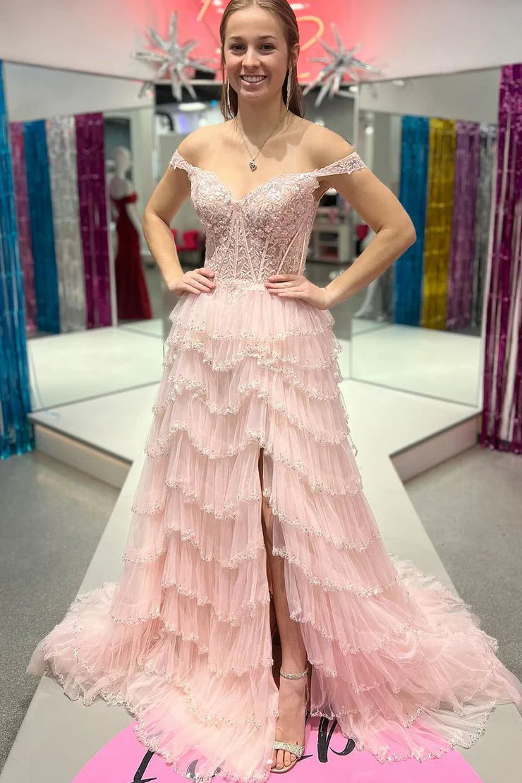 A Line Princess Sweetheart Tulle Tiered Long Prom Dresses with Beading