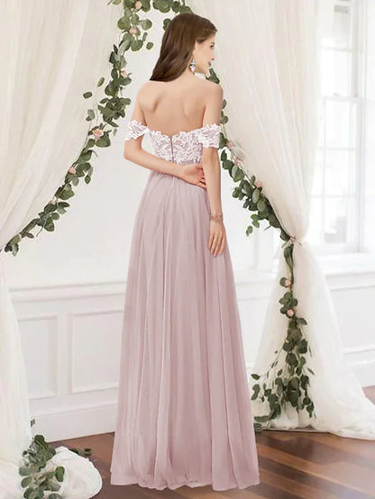 A-Line Off Shoulder Floor Length Chiffon Lace Bridesmaid Dress with Pleats Appliques