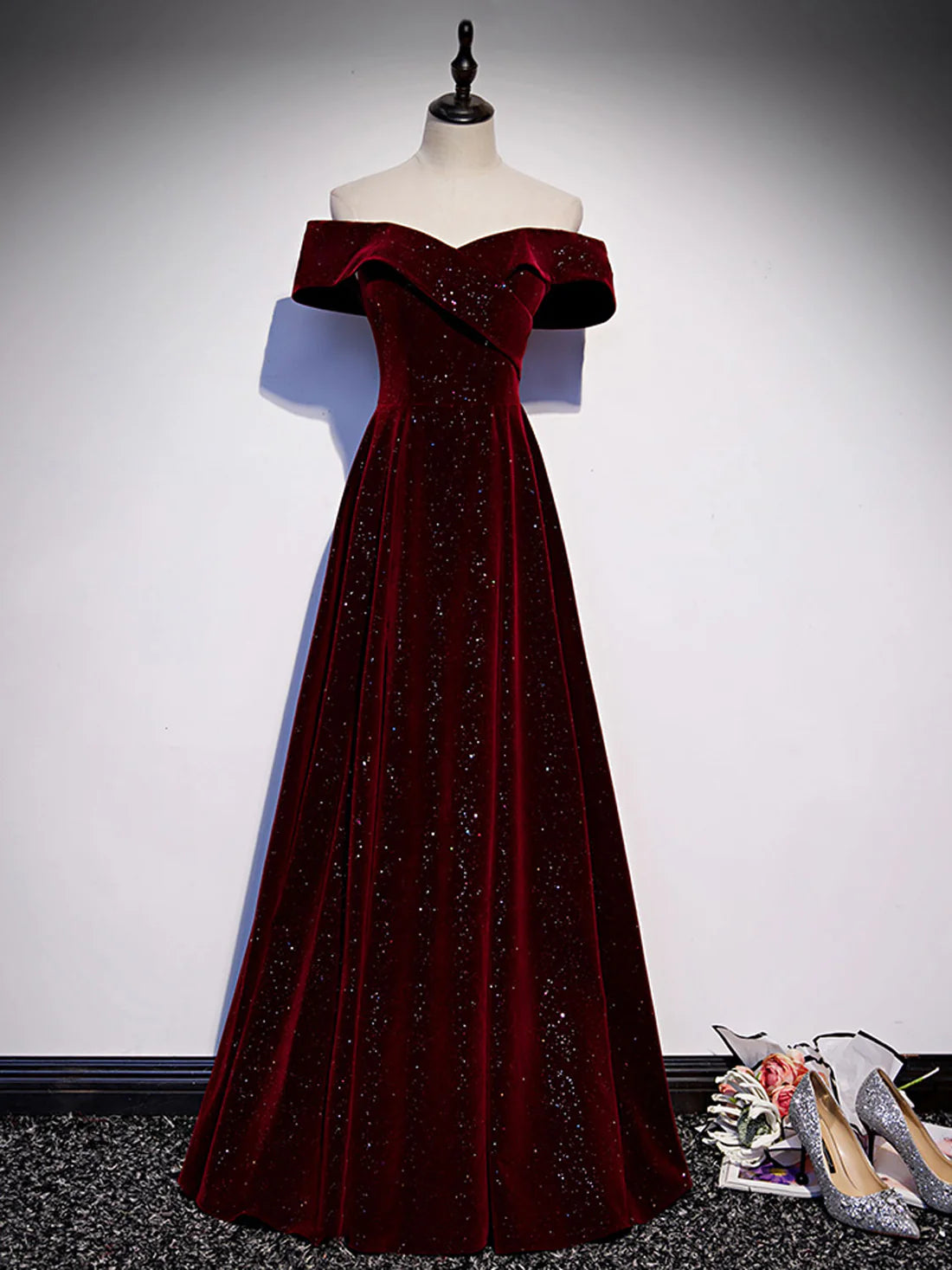 A-Line Off Shoulder Velvet Burgundy Long Prom Dress Bridesmaid Dress Formal Dresses