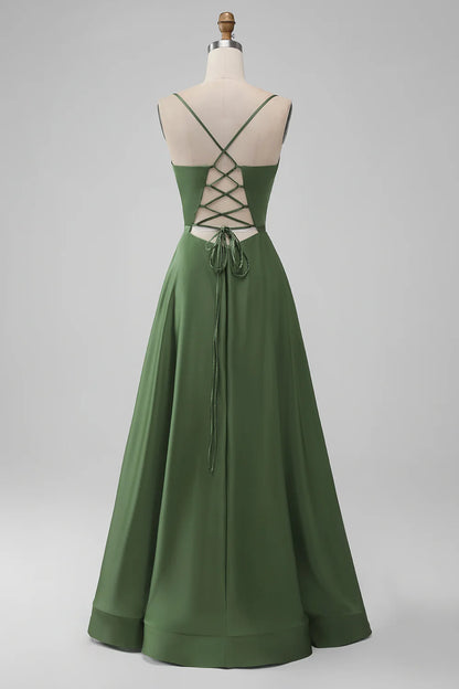 A-line Green Satin V Neck Long Bridesmaid Dress